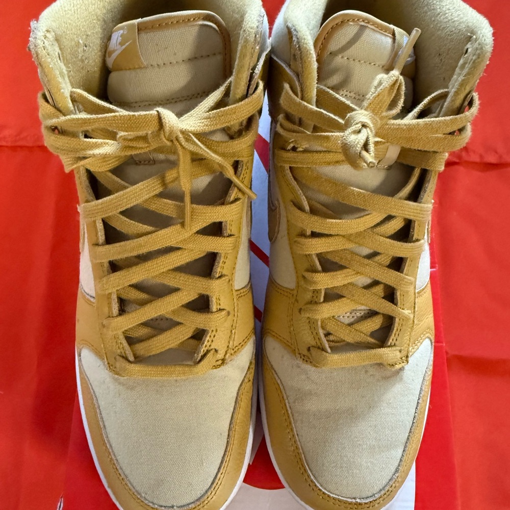Nike Dunk Hi Retro PRM in Gold and Red